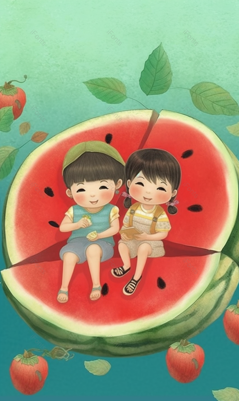 两个孩子坐在西瓜上笑嘻嘻的儿童节创意插画素材壁纸,插画/手绘图,插画/手绘图库,插画/手绘图下载,插画/手绘